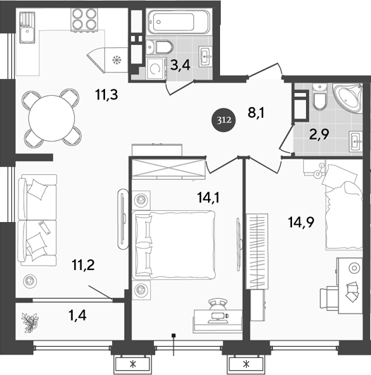 Планировка — Порто-Ново, 3-комн., 66 м²