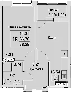 Планировка — Булгаков, 1-комн., 37 м²