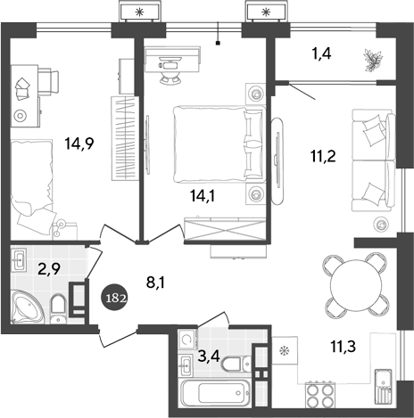 Планировка — Порто-Ново, 3-комн., 66 м²