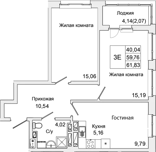 Планировка — Булгаков, 2-комн., 60 м²