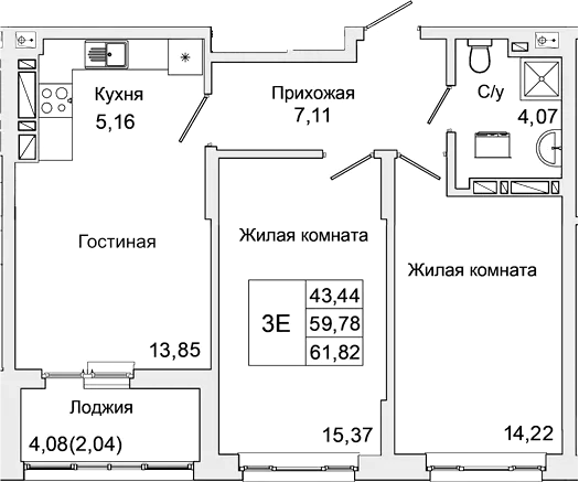 Планировка — Булгаков, 3-комн., 60 м²