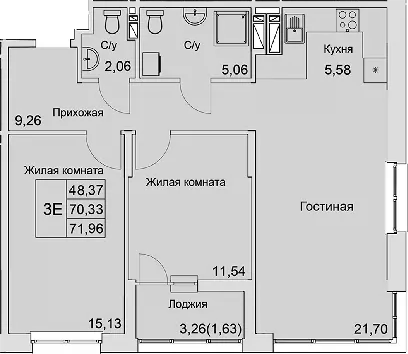 Планировка — Булгаков, 3-комн., 70 м²