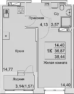 Планировка — Булгаков, 1-комн., 37 м²