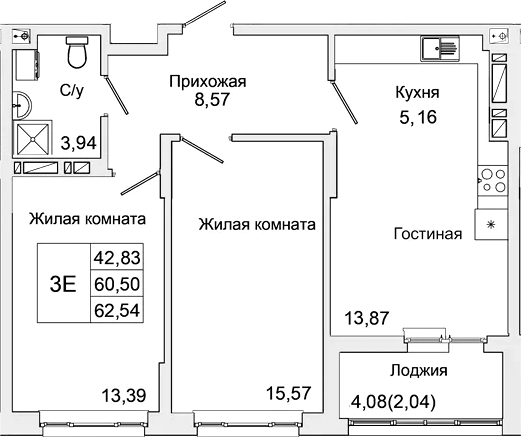 Планировка — Булгаков, 3-комн., 61 м²