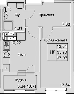 Планировка — Булгаков, 1-комн., 36 м²