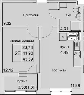 Планировка — Булгаков, 2-комн., 42 м²