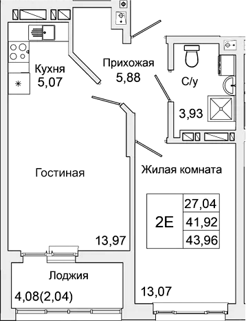 Планировка — Булгаков, 2-комн., 42 м²