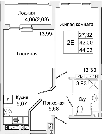Планировка — Булгаков, 2-комн., 42 м²