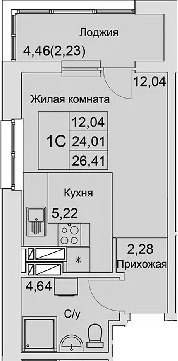 Планировка — Булгаков, Студия, 24 м²