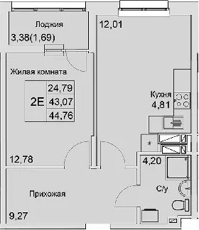 Планировка — Булгаков, 2-комн., 43 м²