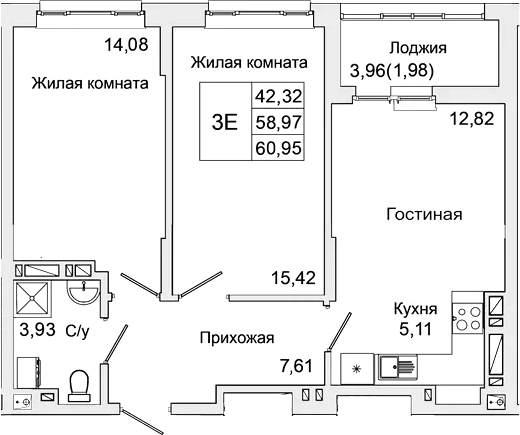 Планировка — Булгаков, 3-комн., 59 м²