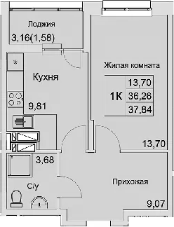 Планировка — Булгаков, 1-комн., 36 м²