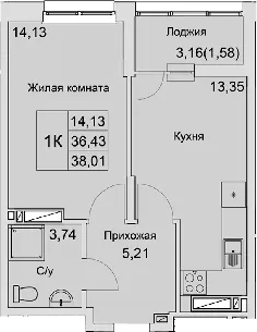 Планировка — Булгаков, 1-комн., 36 м²