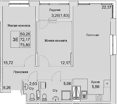 Планировка — Булгаков, 3-комн., 72 м²