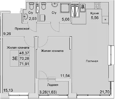 Планировка — Булгаков, 3-комн., 70 м²