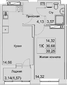 Планировка — Булгаков, 1-комн., 37 м²