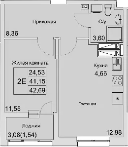 Планировка — Булгаков, 2-комн., 41 м²
