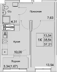 Планировка — Булгаков, 1-комн., 36 м²