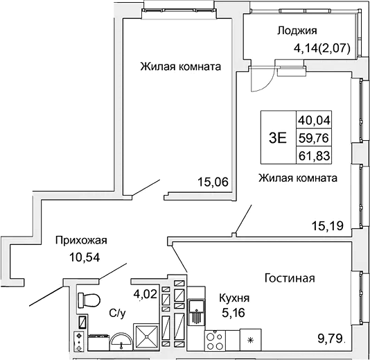 Планировка — Булгаков, 2-комн., 60 м²