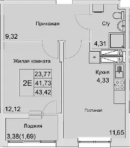 Планировка — Булгаков, 2-комн., 42 м²