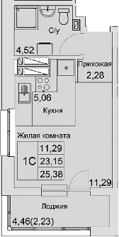 Планировка — Булгаков, Студия, 23 м²