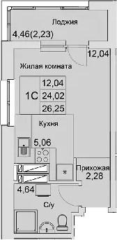 Планировка — Булгаков, Студия, 24 м²