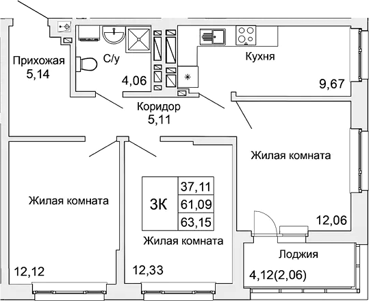 Планировка — Булгаков, 3-комн., 61 м²