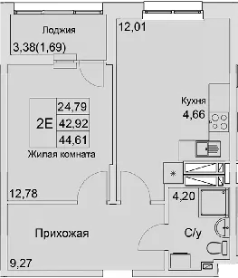 Планировка — Булгаков, 2-комн., 43 м²