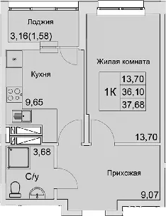Планировка — Булгаков, 1-комн., 36 м²