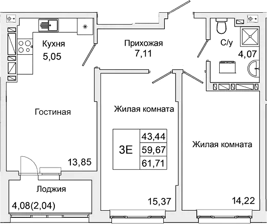 Планировка — Булгаков, 3-комн., 60 м²