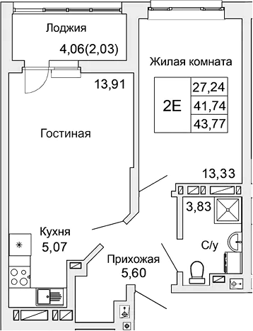 Планировка — Булгаков, 2-комн., 42 м²