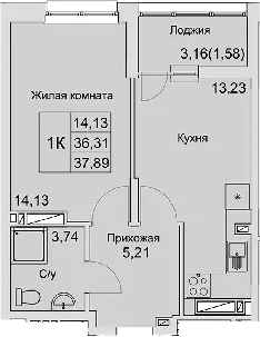 Планировка — Булгаков, 1-комн., 36 м²