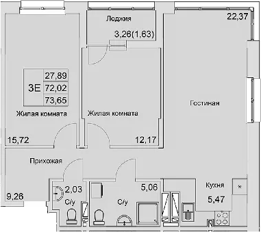 Планировка — Булгаков, 3-комн., 72 м²