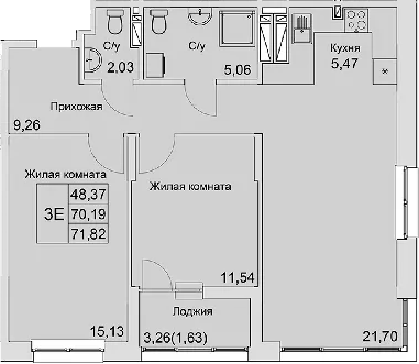 Планировка — Булгаков, 3-комн., 70 м²