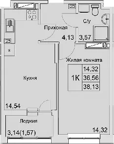 Планировка — Булгаков, 1-комн., 37 м²