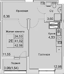 Планировка — Булгаков, 2-комн., 41 м²