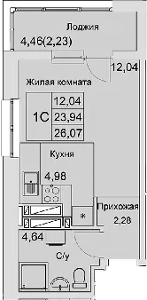 Планировка — Булгаков, Студия, 24 м²