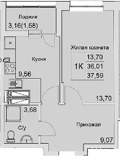 Планировка — Булгаков, 1-комн., 36 м²