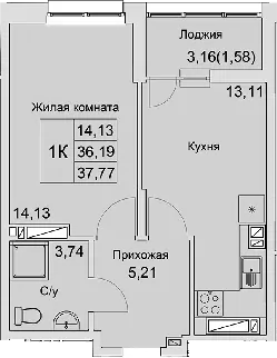 Планировка — Булгаков, 1-комн., 36 м²