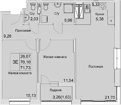 Планировка — Булгаков, 3-комн., 70 м²