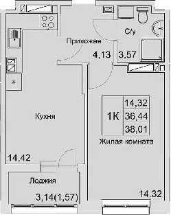 Планировка — Булгаков, 1-комн., 36 м²
