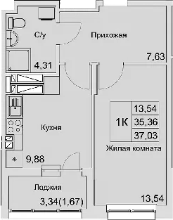 Планировка — Булгаков, 1-комн., 35 м²