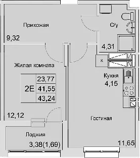 Планировка — Булгаков, 2-комн., 42 м²