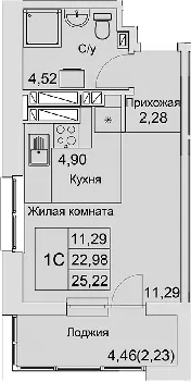 Планировка — Булгаков, Студия, 23 м²