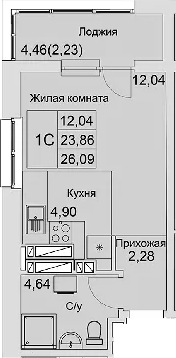 Планировка — Булгаков, Студия, 24 м²