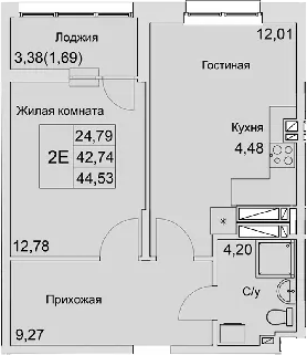 Планировка — Булгаков, 2-комн., 43 м²