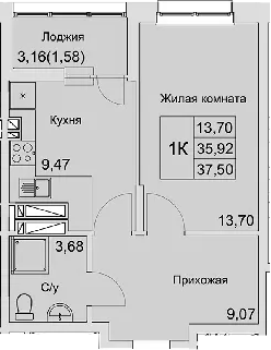 Планировка — Булгаков, 1-комн., 36 м²