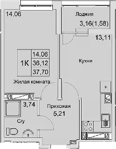 Планировка — Булгаков, 1-комн., 36 м²