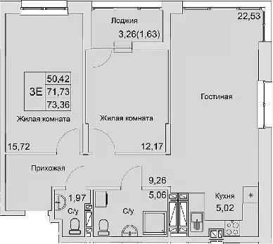 Планировка — Булгаков, 3-комн., 72 м²