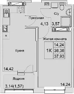 Планировка — Булгаков, 1-комн., 36 м²
